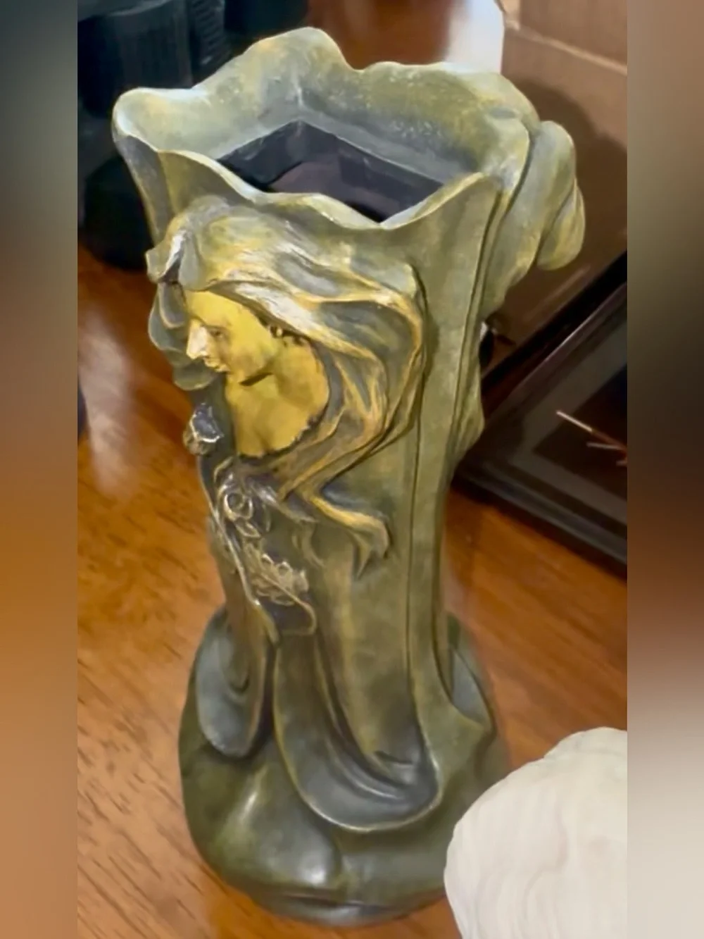 Art Nouveau Style Woman Sculpture Vase in Green and Gold Tones